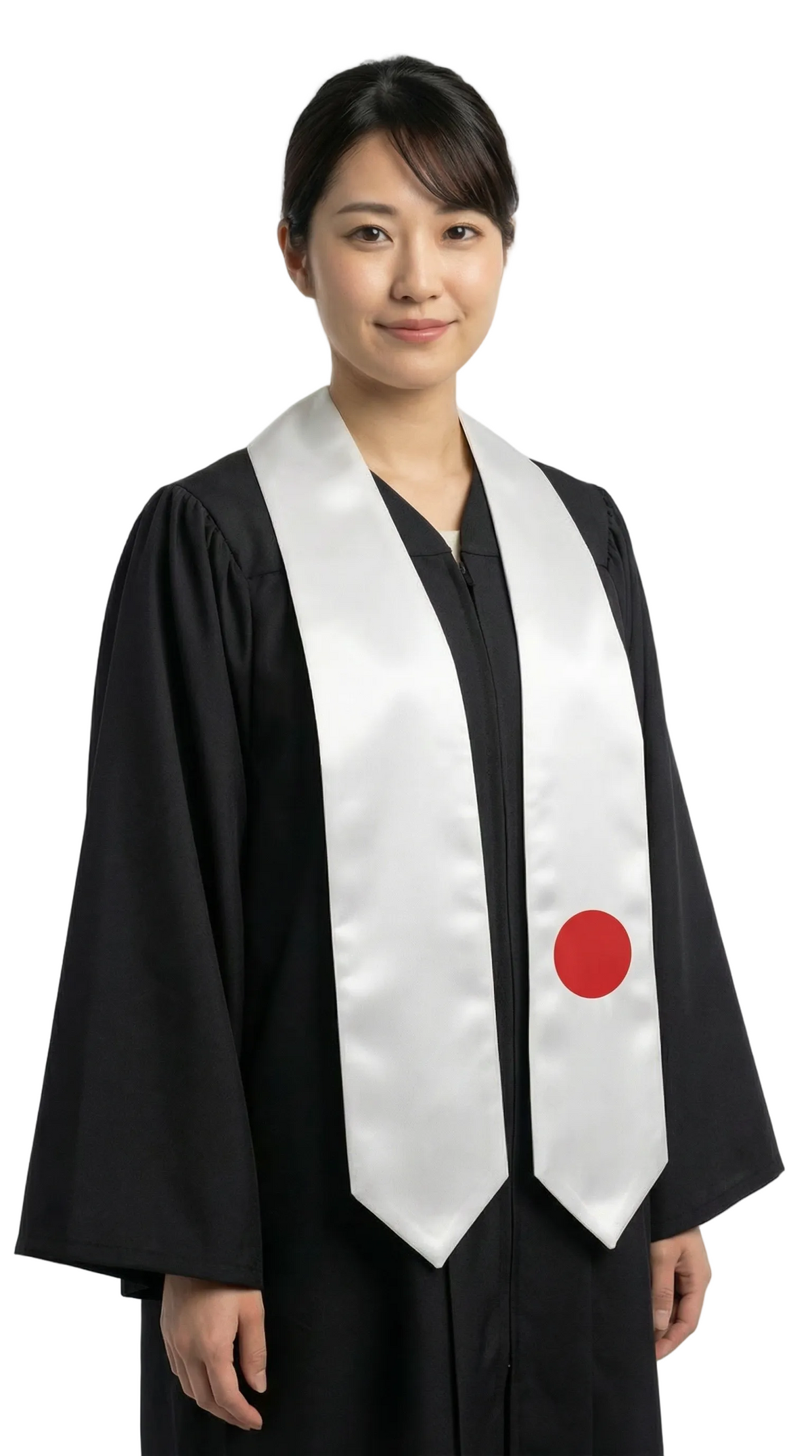 Japan graduation stole with Japanese flag design, graduation sash worn over a graduation gow