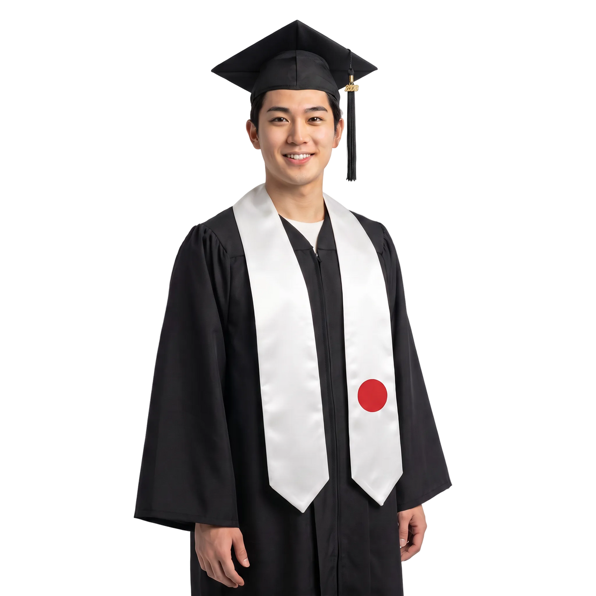 White Japan flag graduation stole with a red circle on one side and pointed ends.
