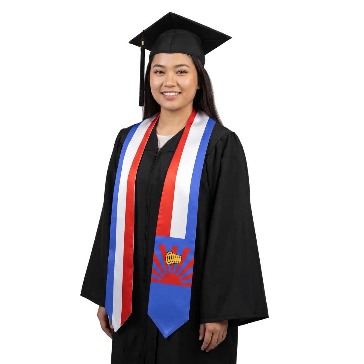 Karen Nation graduation stole with Karen flag design, graduation sash worn over a graduation gown