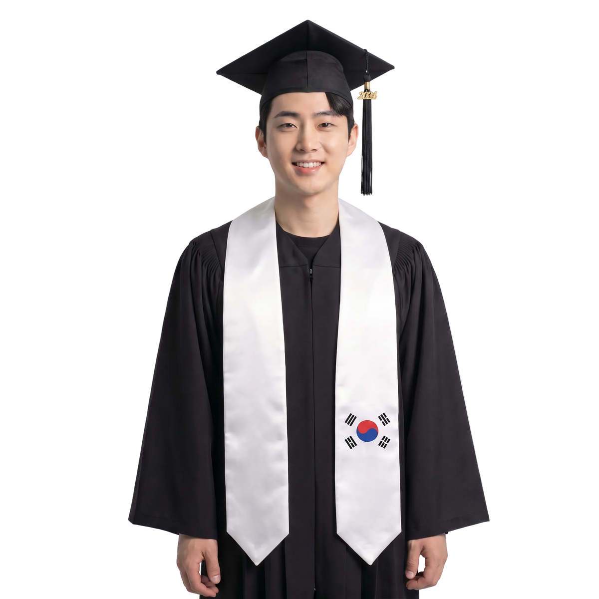 White South Korean flag graduation stole with a red and blue taegeuk symbol surrounded by four black trigrams on one side and pointed ends.
