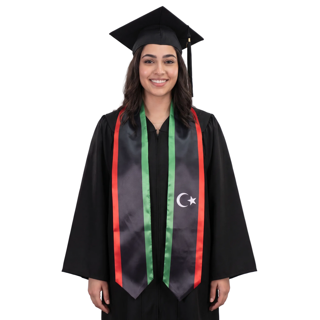 Libya graduation stole with Libyan flag design, graduation sash worn over a graduation gown
