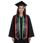 Libya graduation stole with Libyan flag design, graduation sash worn over a graduation gown