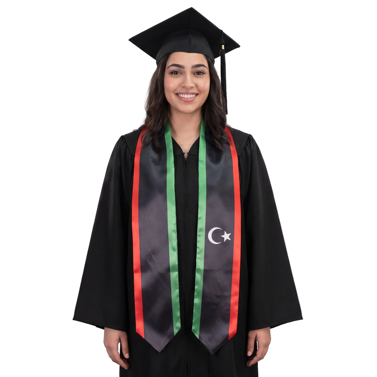 Libya graduation stole with Libyan flag design, graduation sash worn over a graduation gown