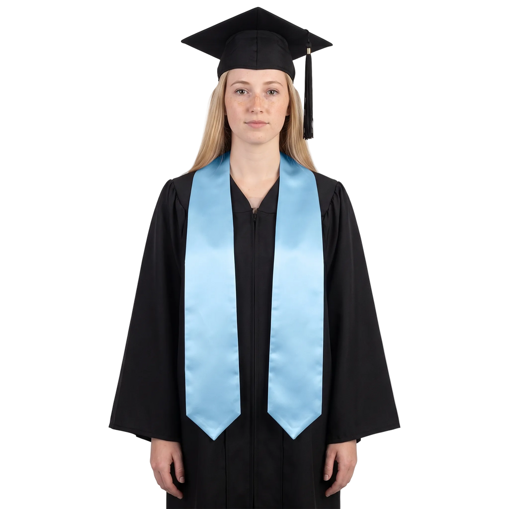 Plain light blue graduation stole with pointed ends displayed on a wooden hanger against a white background.
