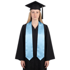Plain light blue graduation stole with pointed ends displayed on a wooden hanger against a white background.
