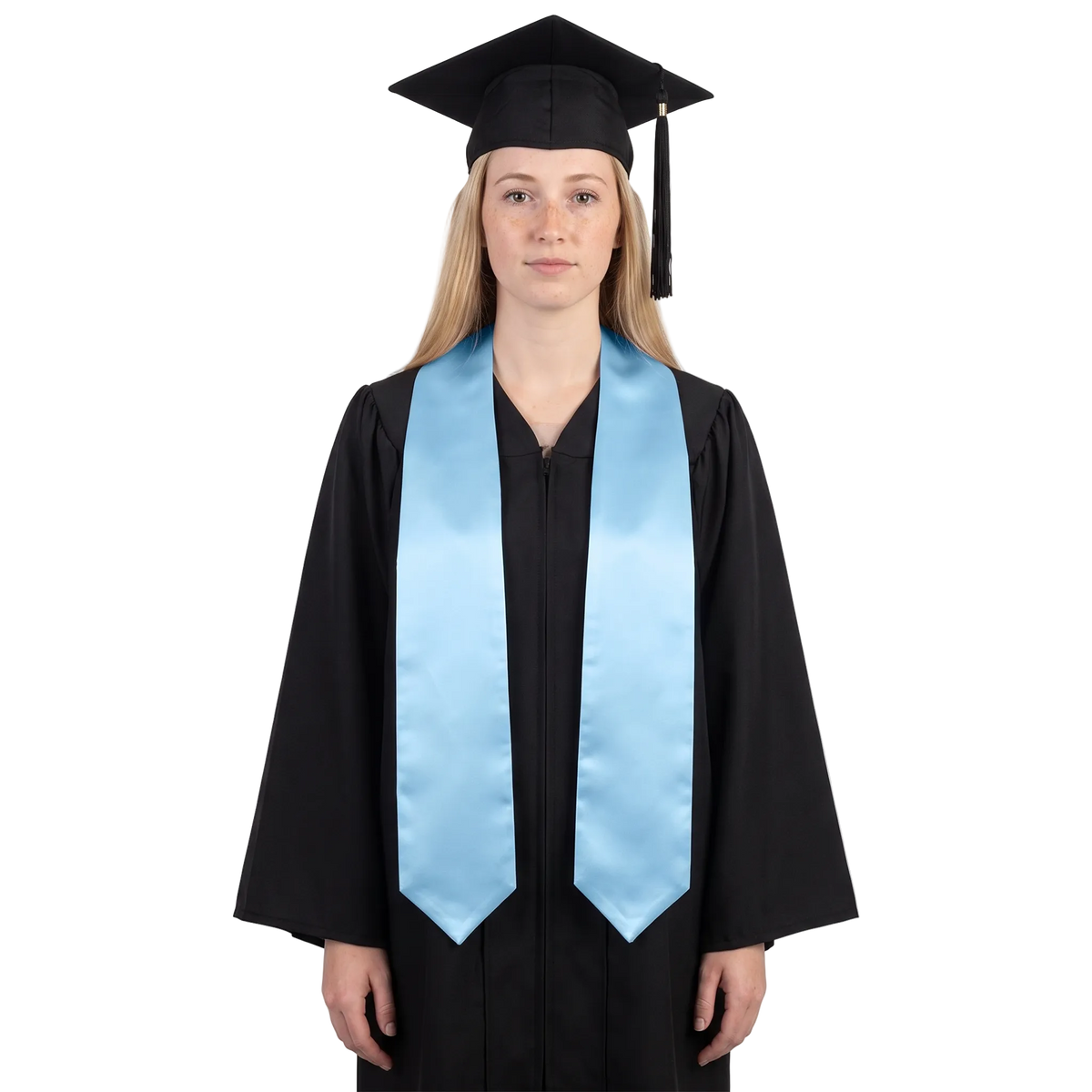 Plain light blue graduation stole with pointed ends displayed on a wooden hanger against a white background.
