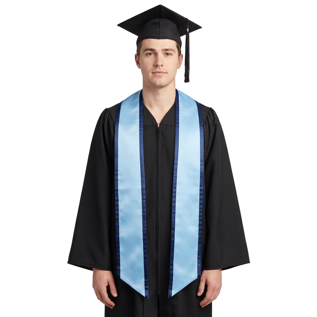 Light blue graduation stole with navy blue trim along the edges and slanted ends, shown in a front view.
