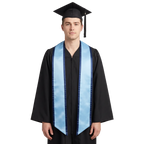 Light blue graduation stole with navy blue trim along the edges and slanted ends, shown in a front view.
