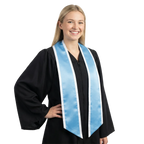 Light blue graduation stole with white trim along the edges and slanted ends, shown in a front view.