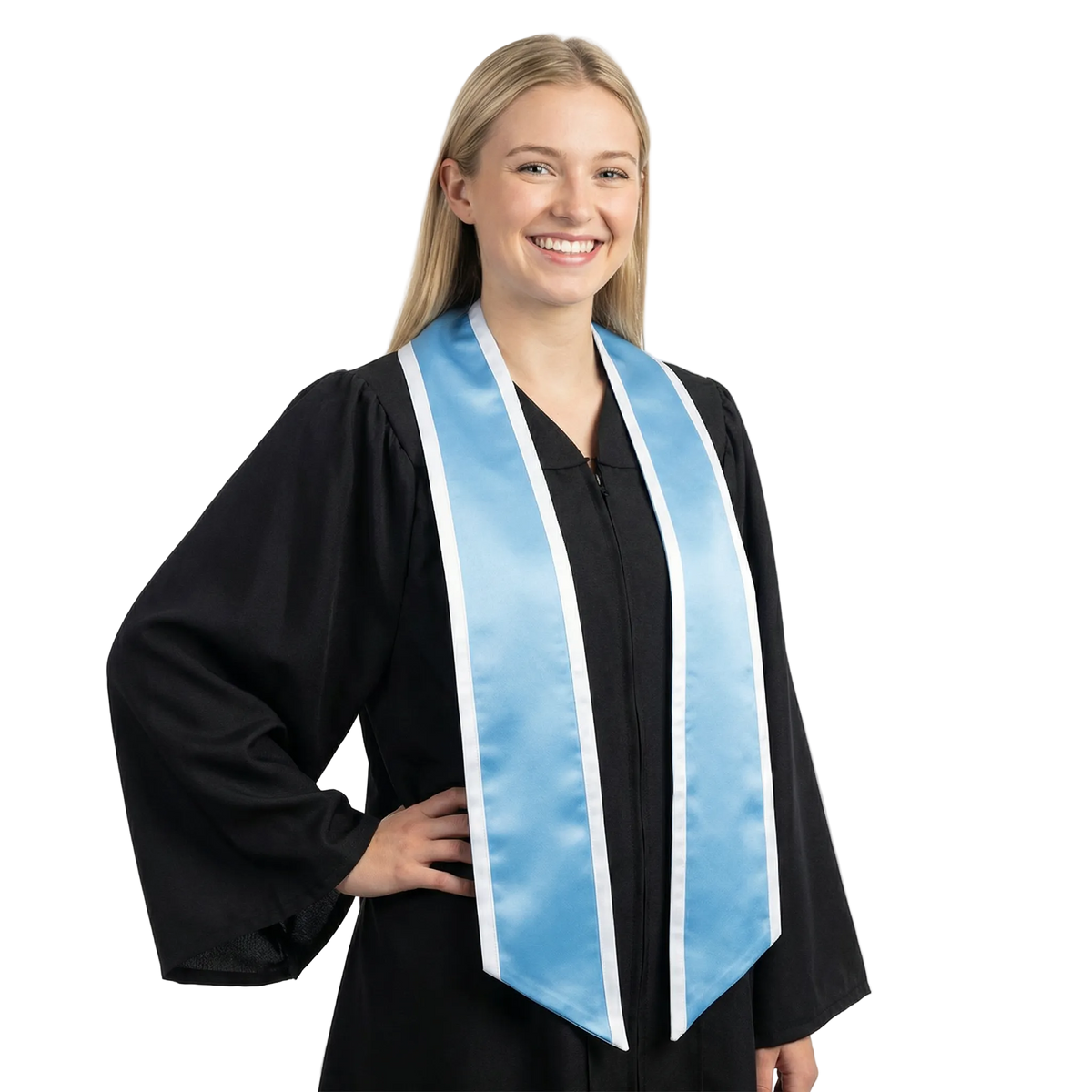 Light blue graduation stole with white trim along the edges and slanted ends, shown in a front view.