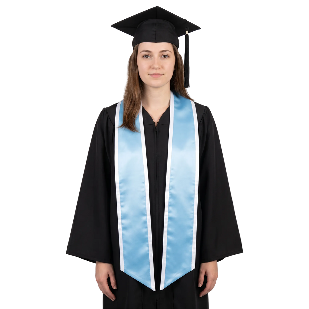 Graduate wearing a light blue graduation stole with white trim along the edges and slanted ends over a black graduation gown.
