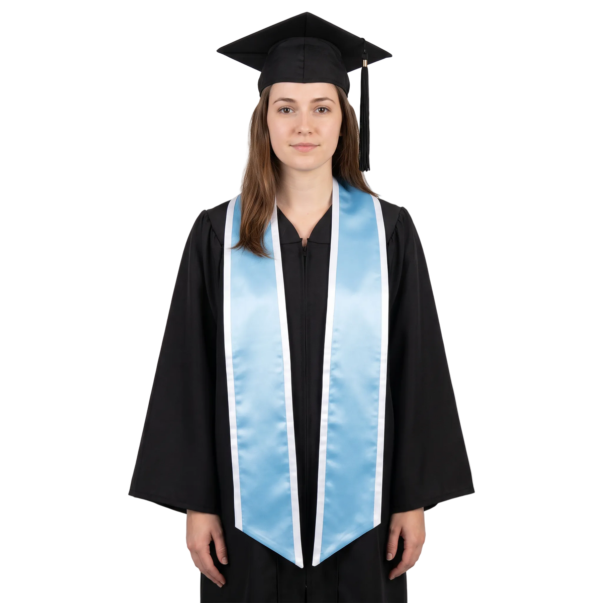 Graduate wearing a light blue graduation stole with white trim along the edges and slanted ends over a black graduation gown.
