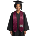 Maroon graduation stole with “BLACK GRADS MATTER” lettering in a black and white rectangular design outlined in gold on one side and pointed ends.

