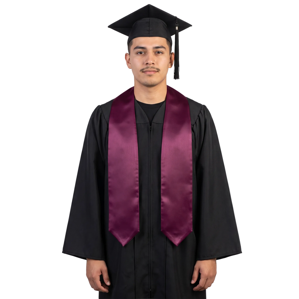 Plain maroon graduation stole with pointed ends displayed on a wooden hanger against a white background.
