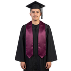 Plain maroon graduation stole with pointed ends displayed on a wooden hanger against a white background.
