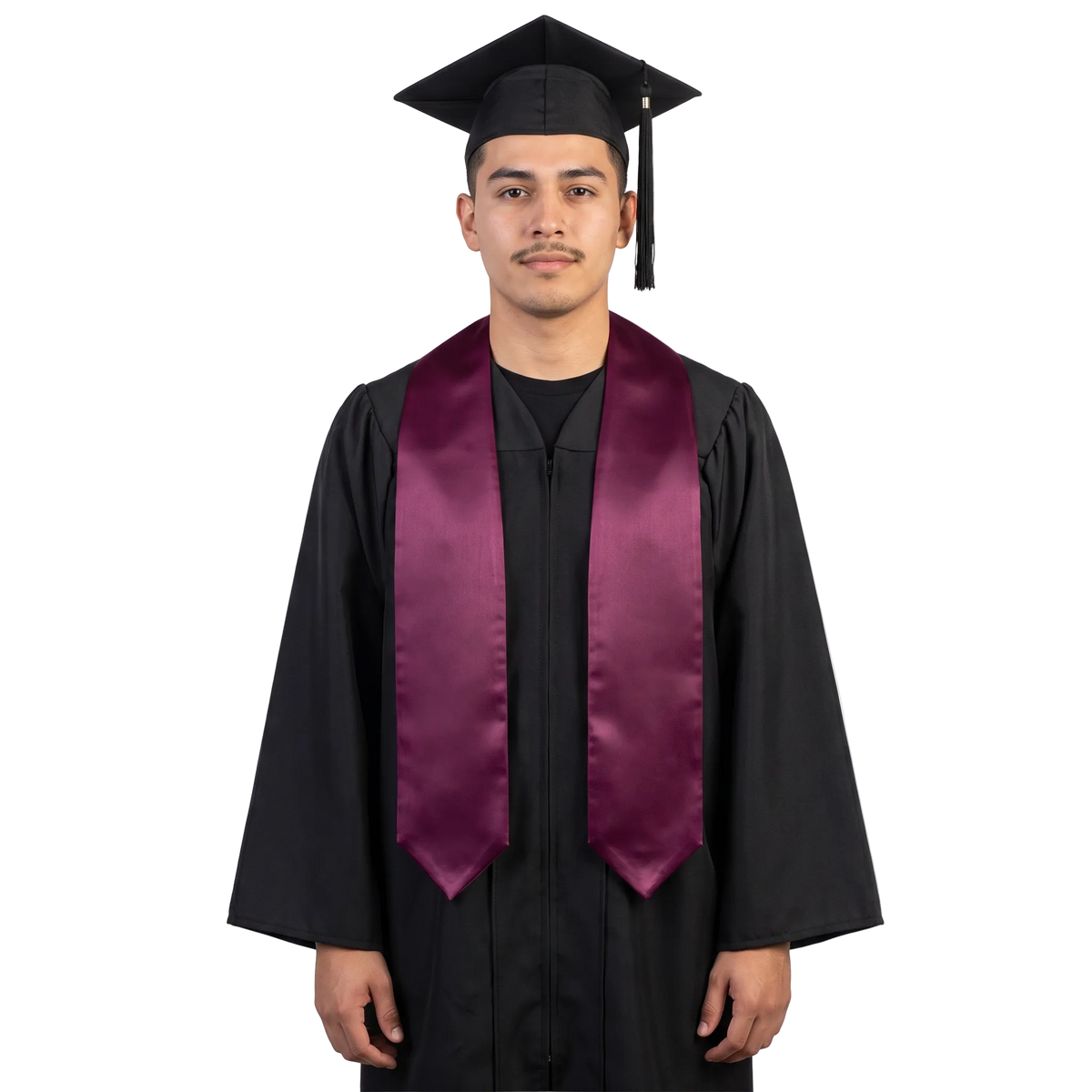 Plain maroon graduation stole with pointed ends displayed on a wooden hanger against a white background.
