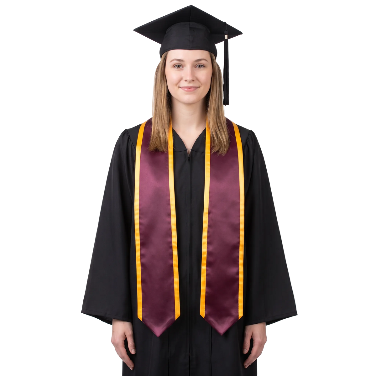 Maroon graduation stole with gold trim along the edges and pointed ends, shown in a front view.
