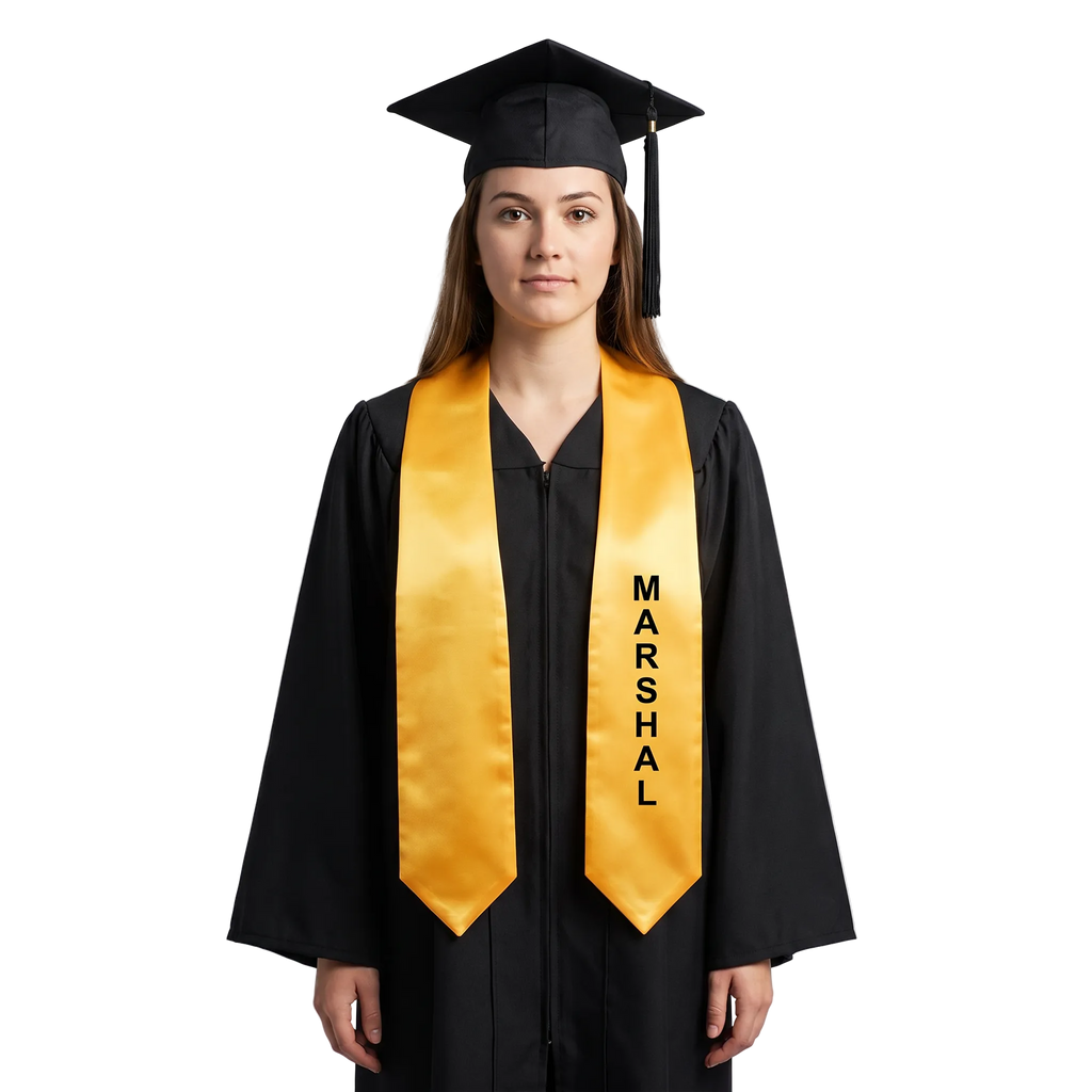Gold Marshal class officer graduation stole with black printed lettering and pointed ends