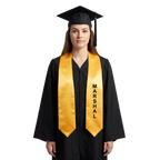 Gold Marshal class officer graduation stole with black printed lettering and pointed ends