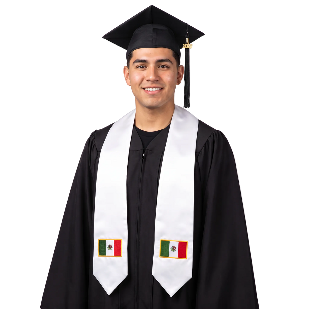 Mexico embroidered flag patch graduation stole, Mexican flag patch sash worn over a graduation gown