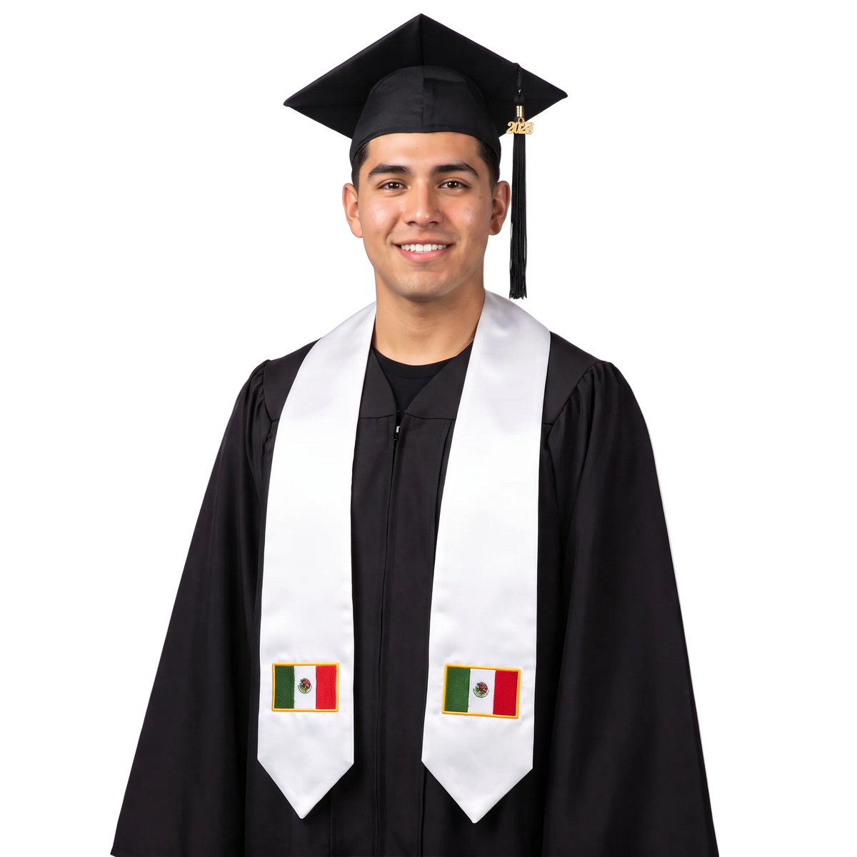 Mexico embroidered flag patch graduation stole, Mexican flag patch sash worn over a graduation gown
