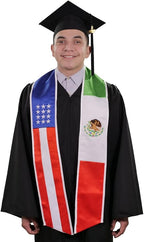 Mixed USA and Mexico graduation stole with American and Mexican flag design, graduation sash worn over a graduation gown