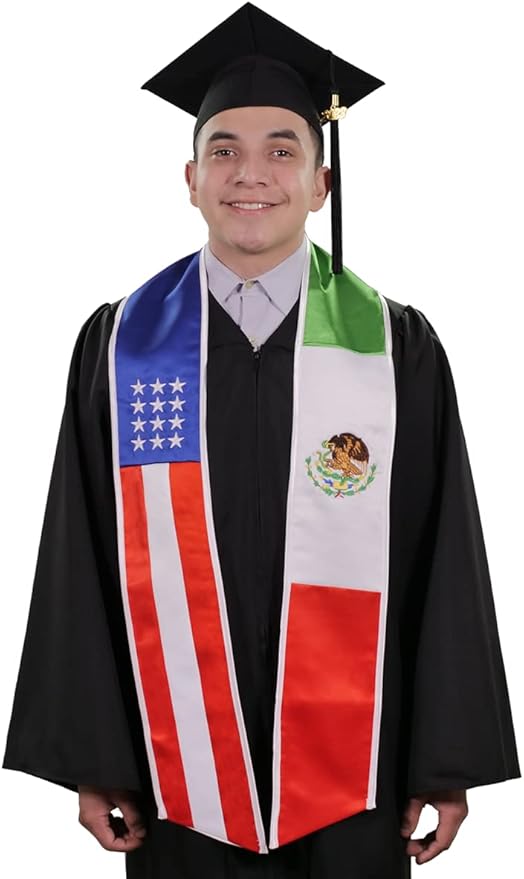 Mixed USA and Mexico graduation stole with American and Mexican flag design, graduation sash worn over a graduation gown