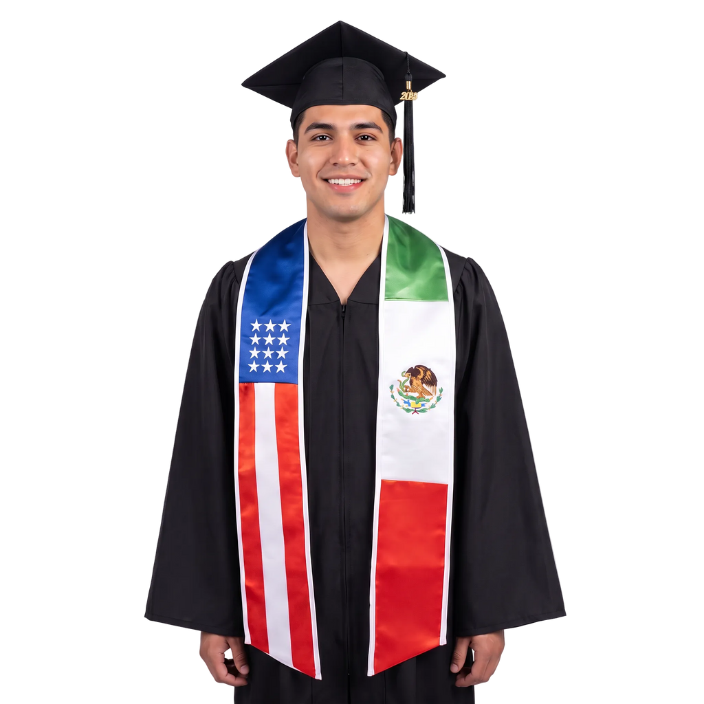 Graduate in a black cap and gown wearing a mixed USA and Mexico flag graduation stole, with American stars and stripes on one side and Mexican flag colors and coat of arms on the other.
