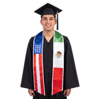 Graduate in a black cap and gown wearing a mixed USA and Mexico flag graduation stole, with American stars and stripes on one side and Mexican flag colors and coat of arms on the other.
