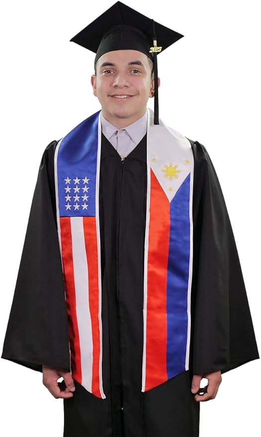 Mixed USA and Philippines graduation stole with American and Filipino flag design, graduation sash worn over a graduation gown