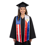 Graduate in a black cap and gown wearing a mixed USA and Philippines flag graduation stole, with American stars and stripes on one side and the Philippine flag’s sun, stars, and red and blue
