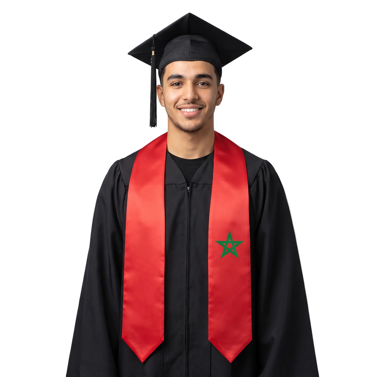 Morocco graduation stole with Moroccan flag design, graduation sash worn over a graduation gown