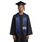 Navy blue graduation stole with “BLACK GRADS MATTER” lettering in a black and white rectangular design outlined in gold on one side and pointed ends.
