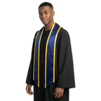 Navy blue graduation stole with gold trim along the edges and slanted ends, shown in a front view.