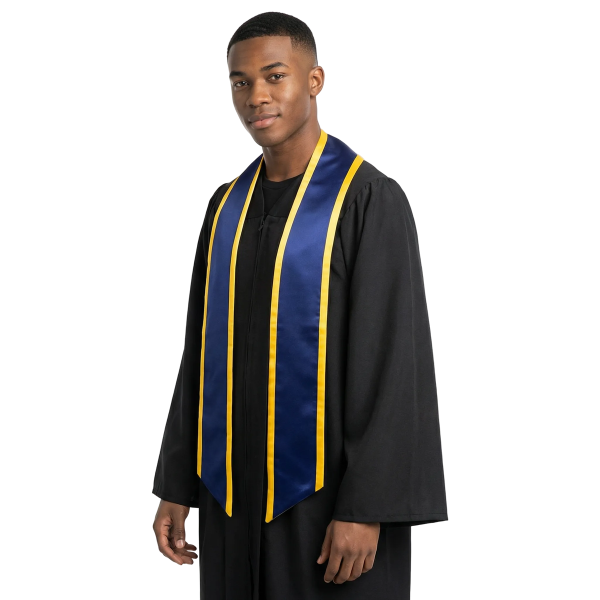 Navy blue graduation stole with gold trim along the edges and slanted ends, shown in a front view.