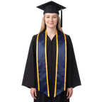 Graduate wearing a navy blue graduation stole with gold trim along the edges and slanted ends over a black graduation gown.
