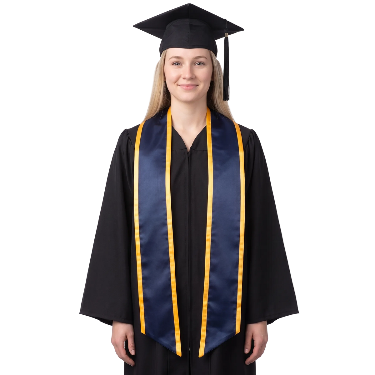 Graduate wearing a navy blue graduation stole with gold trim along the edges and slanted ends over a black graduation gown.

