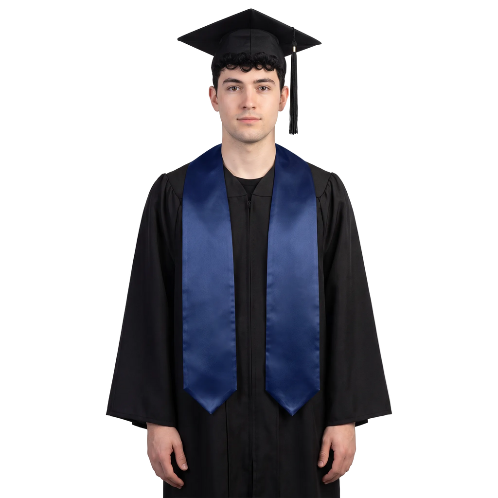 Graduate wearing a plain navy blue university and college graduation stole with pointed ends over a black graduation gown.

