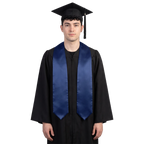 Graduate wearing a plain navy blue university and college graduation stole with pointed ends over a black graduation gown.
