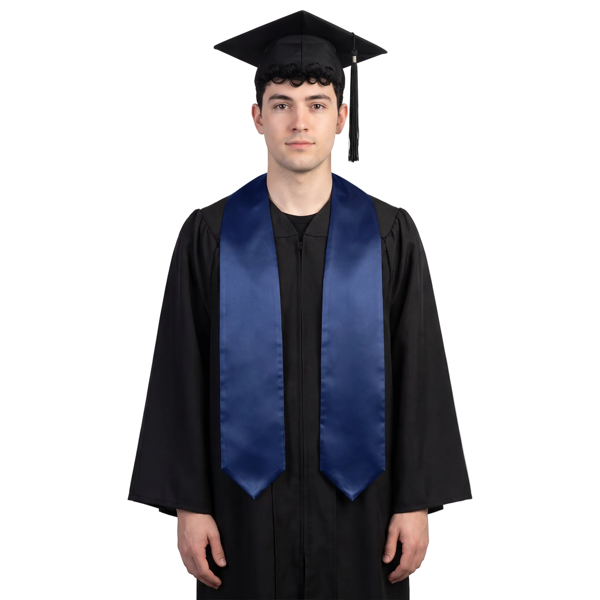 Graduate wearing a plain navy blue university and college graduation stole with pointed ends over a black graduation gown.
