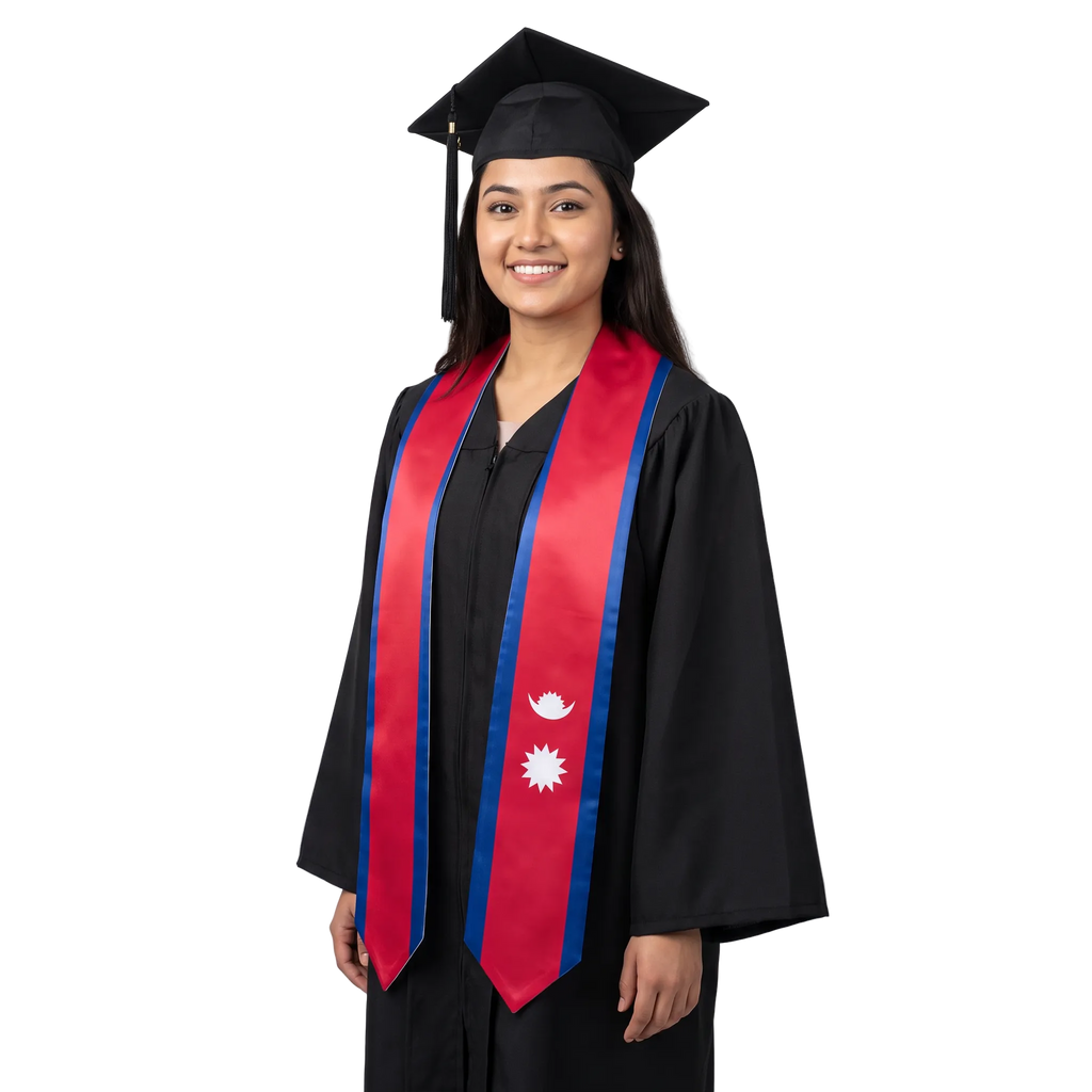 Nepal graduation stole with Nepalese flag design, graduation sash worn over a graduation gown
