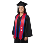 Nepal graduation stole with Nepalese flag design, graduation sash worn over a graduation gown