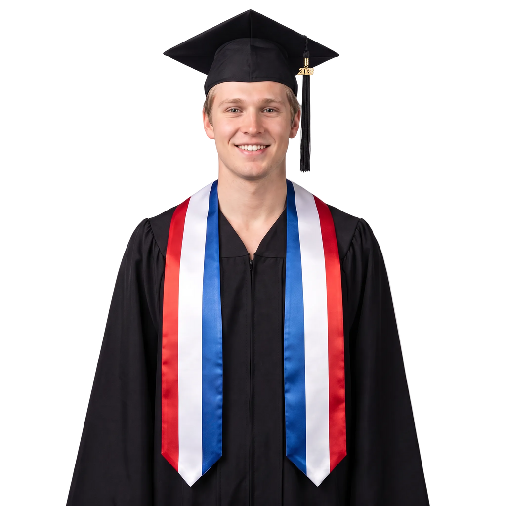 Netherlands graduation stole with Dutch flag design, graduation sash worn over a graduation gown