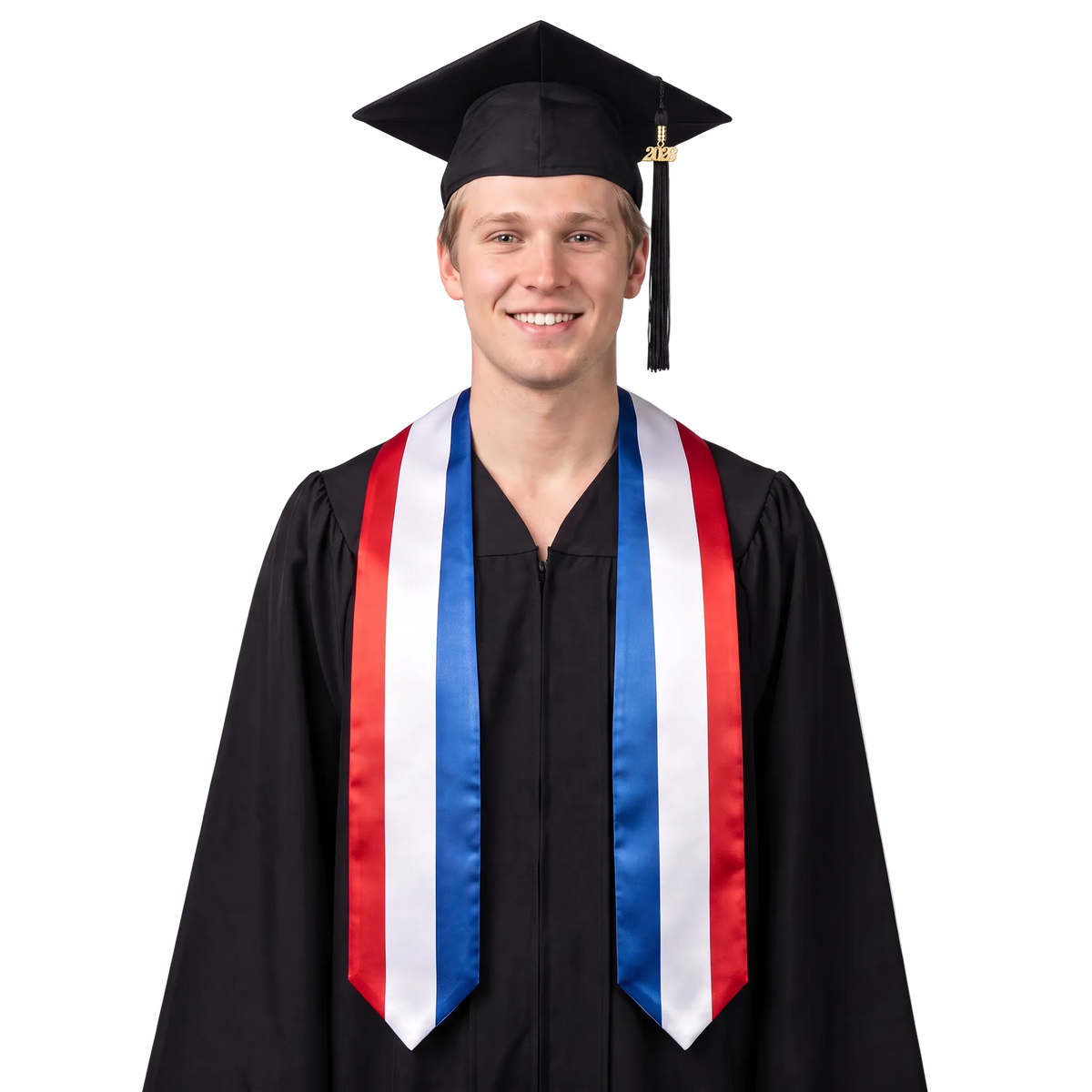 Netherlands graduation stole with Dutch flag design, graduation sash worn over a graduation gown