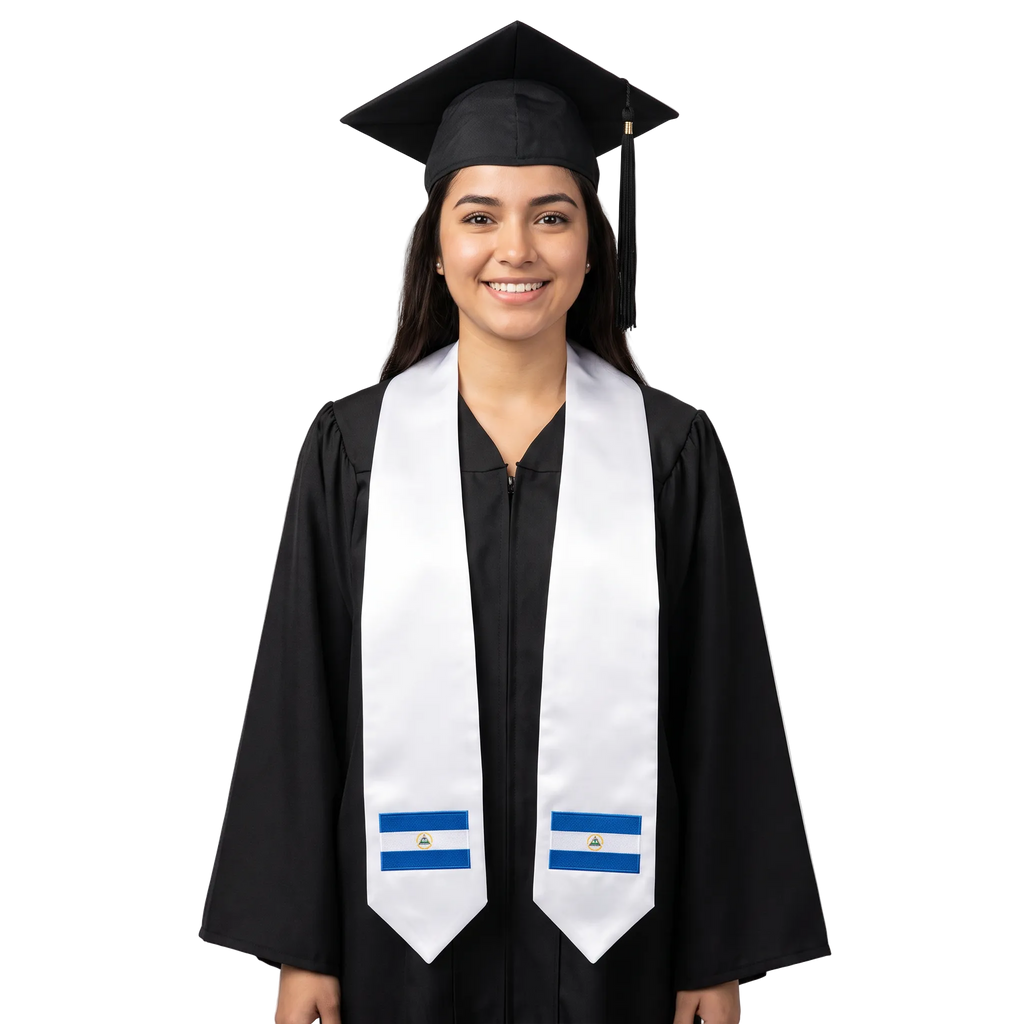 Nicaragua embroidered flag patch graduation stole, Nicaraguan flag patch sash worn over a graduation gown