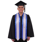Nicaragua flag graduation stole with blue and white vertical stripes, the Nicaraguan coat of arms on one side, and pointed ends.
