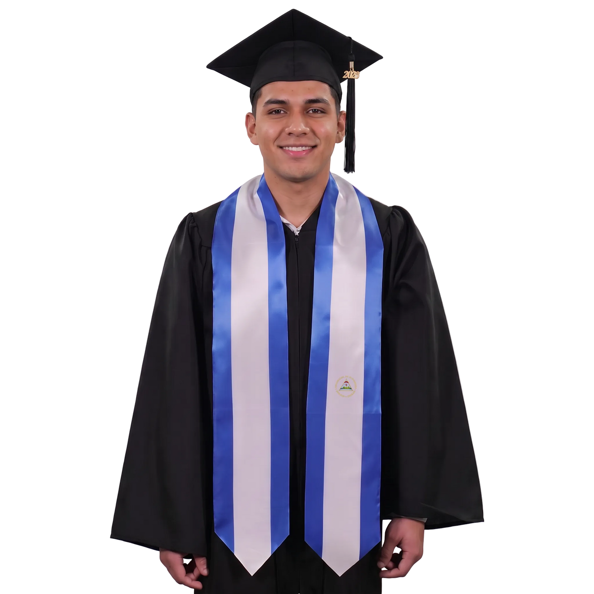 Nicaragua flag graduation stole with blue and white vertical stripes, the Nicaraguan coat of arms on one side, and pointed ends.
