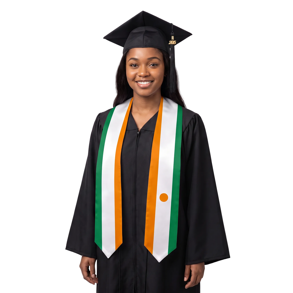 Niger graduation stole with Niger flag design, graduation sash worn over a graduation gown