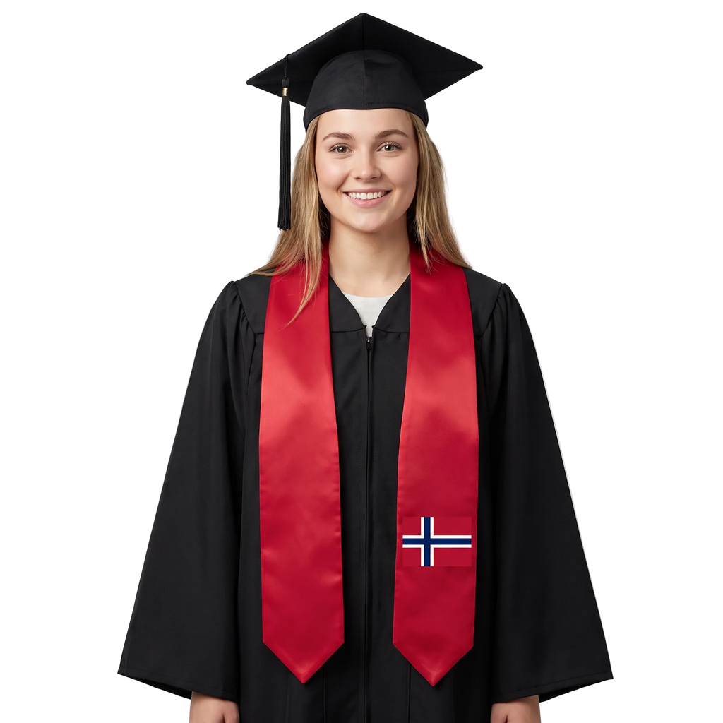 Norway graduation stole with Norwegian flag design, graduation sash worn over a graduation gown