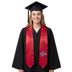 Norway graduation stole with Norwegian flag design, graduation sash worn over a graduation gown